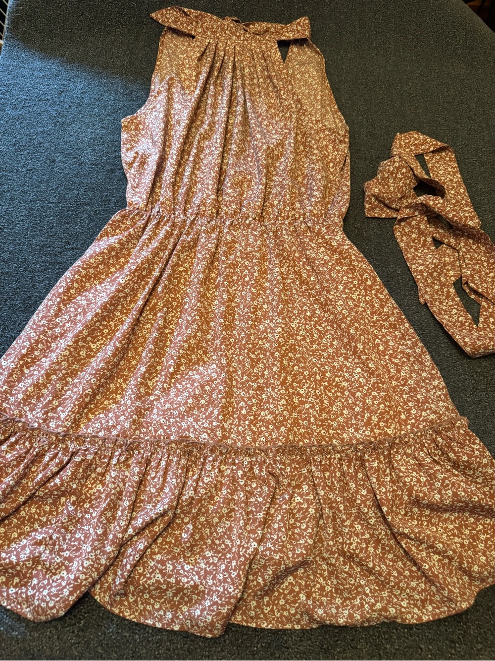 BTFBM Floral Halter Neck Ruffle Mini Dress - Brick Red/Mauve Boho Sundress- S - Picture 4 of 9